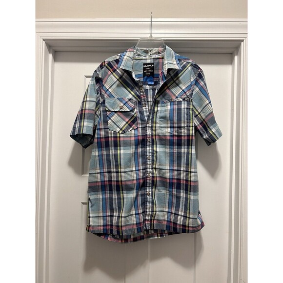 Kavu Short Sleeve Button Up Shirt Mens Size Large Green Blue Pink Plaid Outdoor - Picture 1 of 5